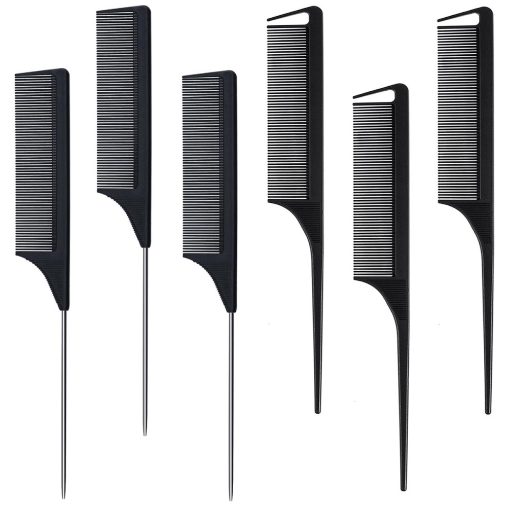MODENGKONGJIAN 6 Packs Hair Rat Tail Combs Parting Rattail Combs Carbon Fiber Heat Resistant Teasing Combs with Stainless Steel Pintail for Women,Girls
