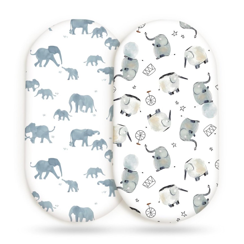 GRSSDER Stretchy Ultra Soft Fitted Bassinet Sheet Set 2 Pack, Universal Fitted for Bassinets Baby Cradle Moses Basket Oval Rectangle Mattress Safe and Snug, Cute Elephant Print