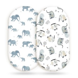 GRSSDER Stretchy Ultra Soft Fitted Bassinet Sheet Set 2 Pack, Universal Fitted for Bassinets Baby Cradle Moses Basket Oval Rectangle Mattress Safe and Snug, Cute Elephant Print