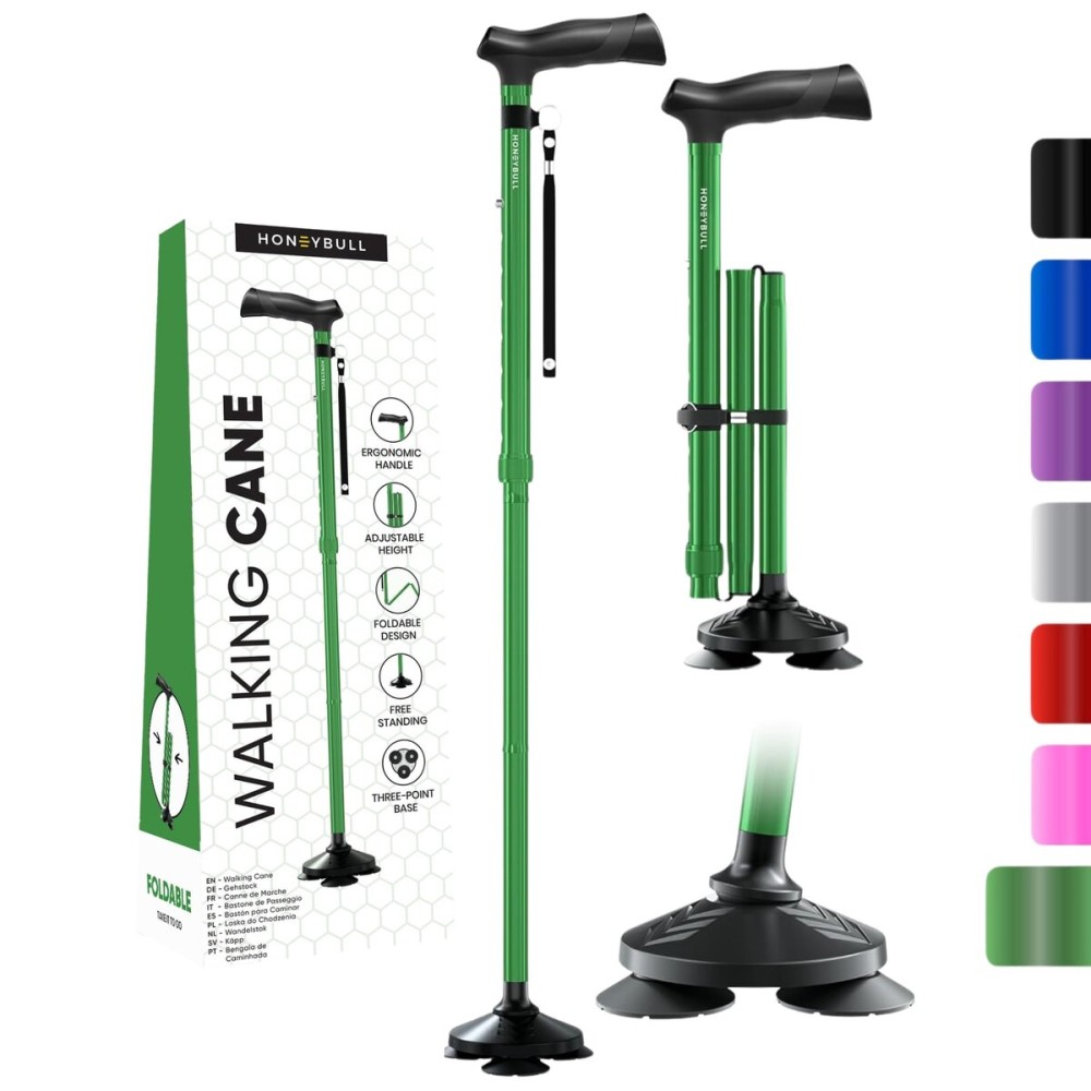 Walking Cane for Men & Women (Green) Foldable, Adjustable, Heavy Duty, Free Standing, All Terrain, Collapsible Walking Sticks for Seniors & Adults