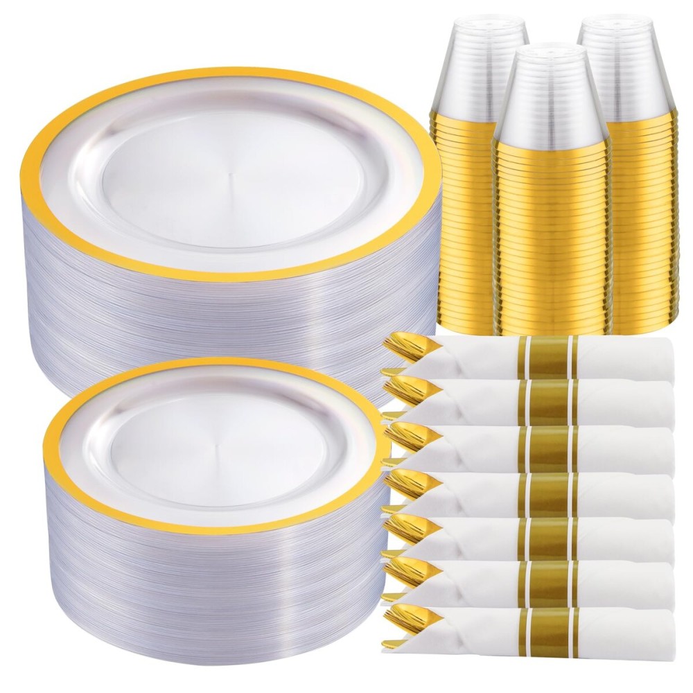 I00000 210 Pcs Clear Plastic Plates,Gold Disposable Plates,Include 30 Dinner Plates 10.25\'\',30 Dessert Plates 7.5\'\',30 Gold Rim Cups 30 Pre Rolled Napkins with Plastic Cutlery for Thanksgiving
