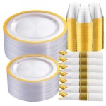 I00000 210 Pcs Clear Plastic Plates,Gold Disposable Plates,Include 30 Dinner Plates 10.25\'\',30 Dessert Plates 7.5\'\',30 Gold Rim Cups 30 Pre Rolled Napkins with Plastic Cutlery for Thanksgiving