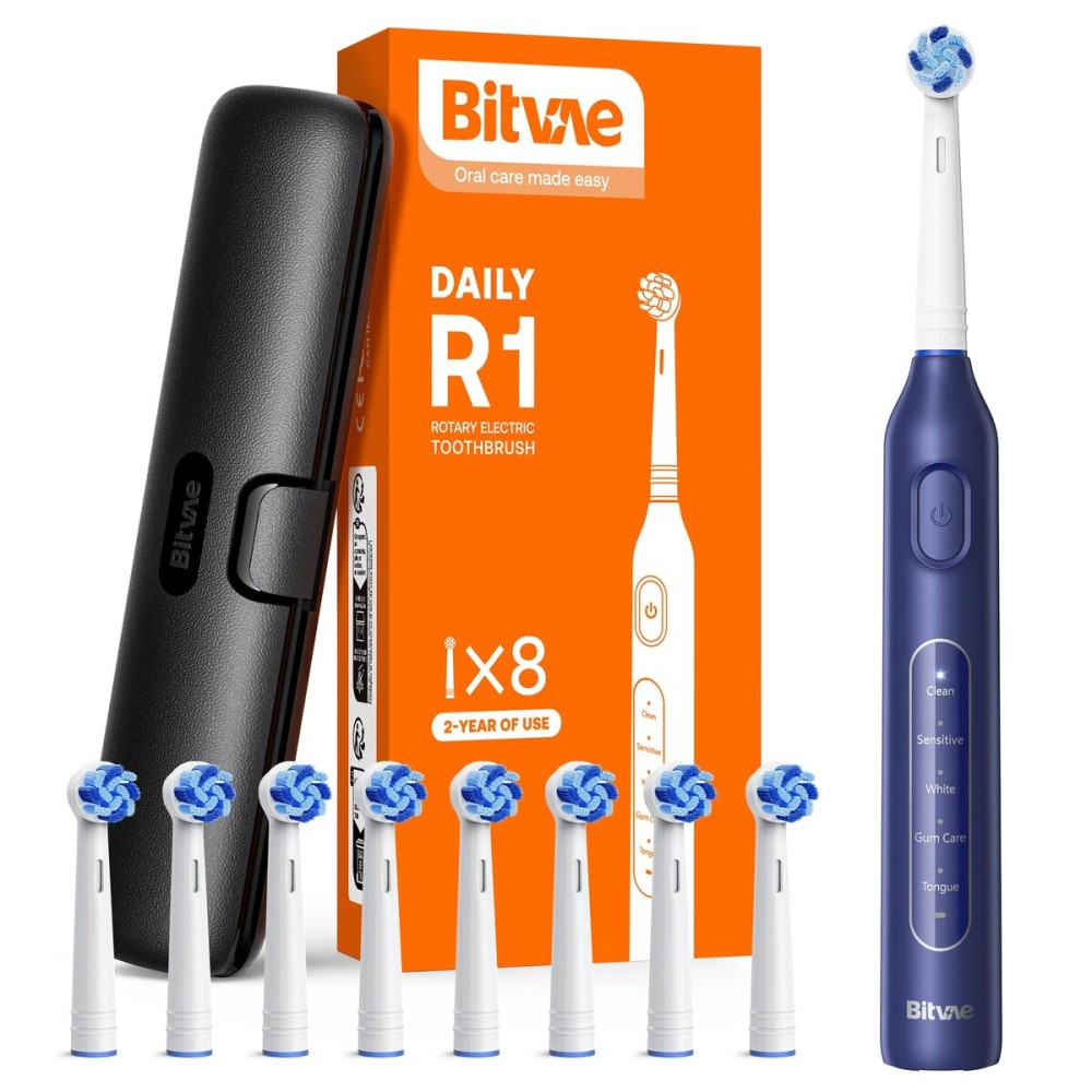 Bitvae R1 Rotating Electric Toothbrush with 8 Brush Heads for Adults and Kids, 60-Day Battery Life, 5 Modes Rechargeable Power Toothbrush with 2-Minute Smart Timer, Dark Blue