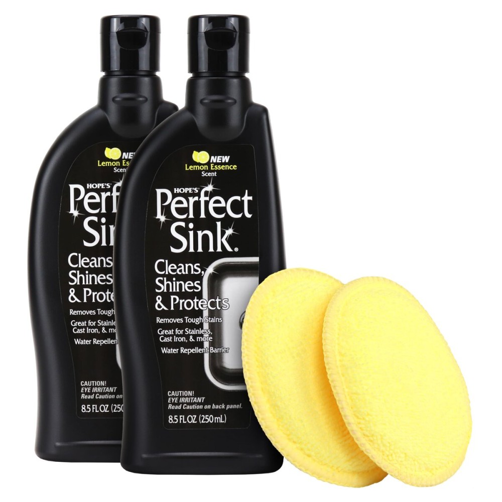 HOPE\'S Perfect Sink Cleaner and Polish, Restorative, Water-Repellent, Removes Stains, Ideal for Brushed Stainless Steel, Cast Iron, Porcelain, Corian, Composite, Acrylic, 8.5 oz 2 Pack with 2 Pads