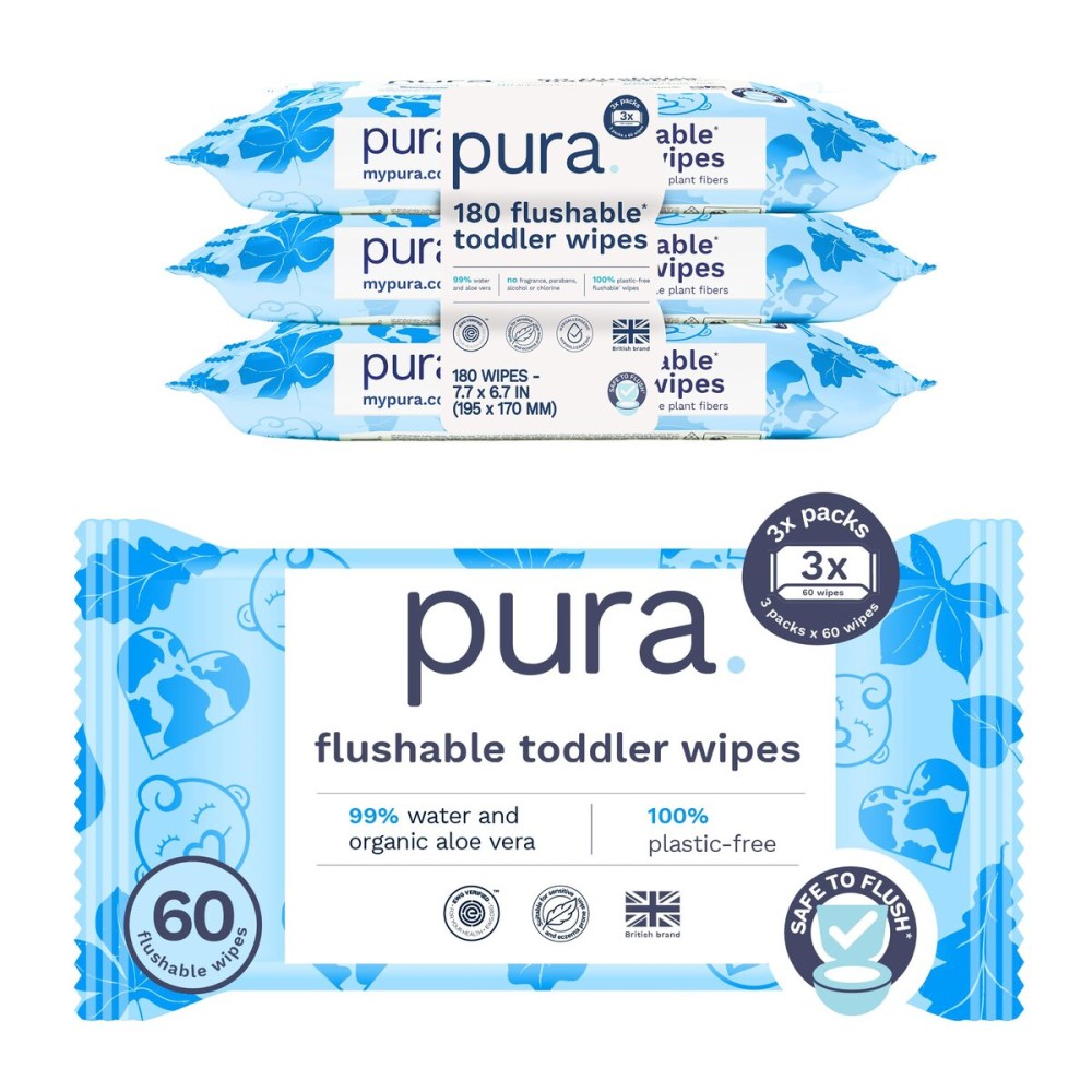 Pura Flushable Toddler Wipes 3 x 60 Wipes (180 Wipes), 100% Plastic Free, 99% Water, Hypoallergenic & Fragrance Free, Totally Chlorine Free, Kids Toilet Wipes, Potty Training