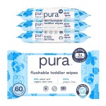 Pura Flushable Toddler Wipes 3 x 60 Wipes (180 Wipes), 100% Plastic Free, 99% Water, Hypoallergenic & Fragrance Free, Totally Chlorine Free, Kids Toilet Wipes, Potty Training