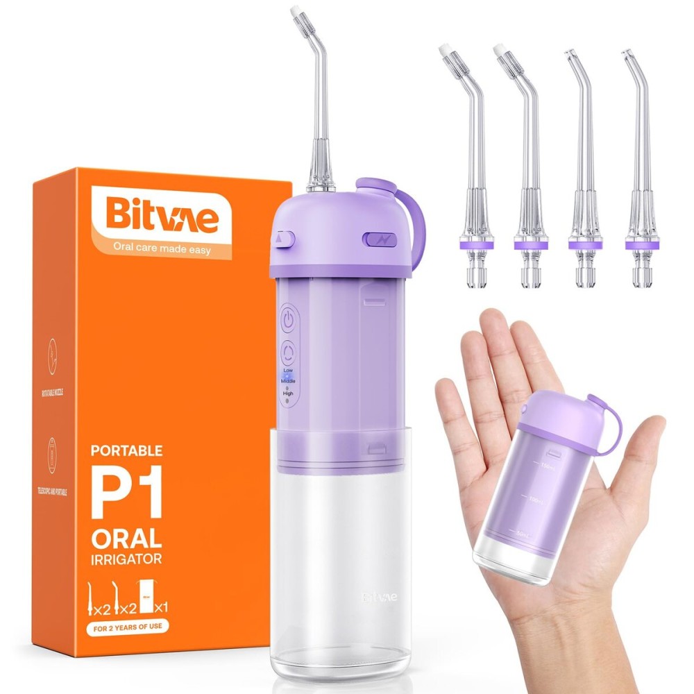 Bitvae P1 Water Dental Flosser, Portable Water Cleaner Picks, Cordless Mini Water Teeth Cleaners with Telescopic Water Tank, IPX7 Waterproof Oral Irrigator, Brace & Sensitive Teeth Care, Purple