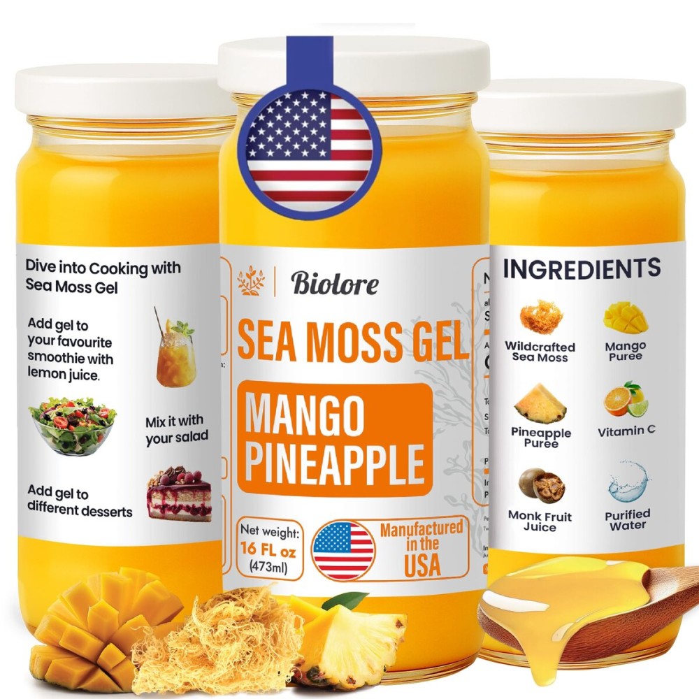 Biolore Wildcrafted Sea Moss Gel - Mango Pineapple 16 oz - Flavored Sea Moss Gel with Essential Vitamins & Trace Minerals - Vegan Superfood - Made in USA, Gluten-Free, No Added Sugar
