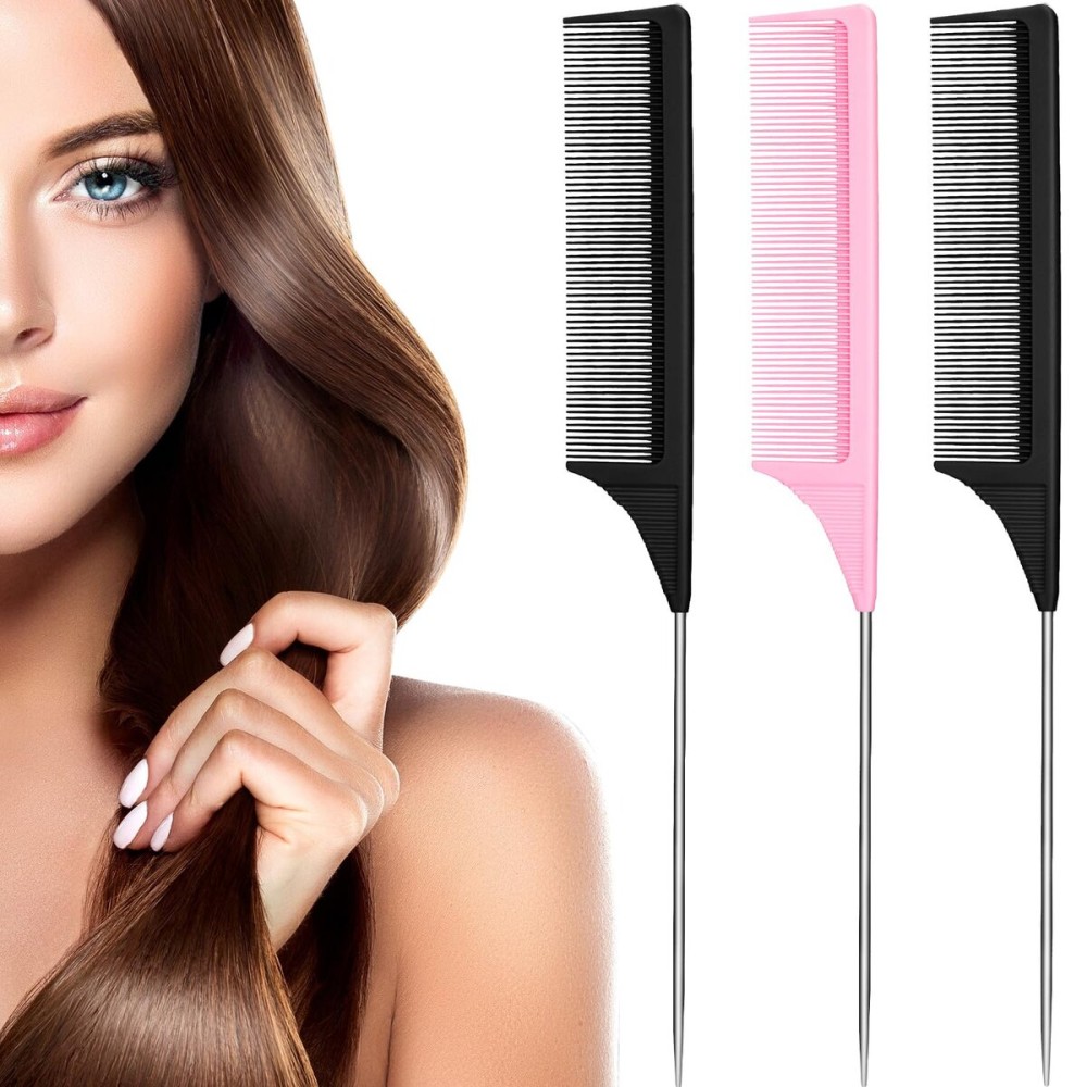 Leinuosen 3 Packs Rat Tail Comb Steel Pin Rat Tail Carbon Fiber Heat Resistant Teasing Combs with Stainless Steel Pintail (Pink, Black)