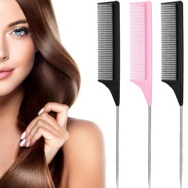 Leinuosen 3 Packs Rat Tail Comb Steel Pin Rat Tail Carbon Fiber Heat Resistant Teasing Combs with Stainless Steel Pintail (Pink, Black)