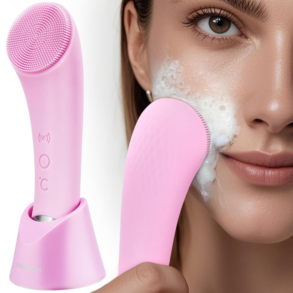 PRITECH Facial Cleansing Brush, Rechargeable Silicone Face Scrubber with Heat Massage End, Vibrating Exfoliator Scrubber for Deep Cleaning, Waterproof Face Brush for Women and Men (Pink)
