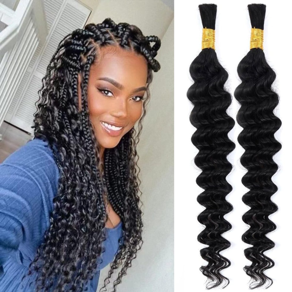 Selina Human Braiding Hair 2 Bundles Loose Deep Human Hair Bulk Micro Braiding Hair 50g/Bundle Deep Wave Bulk for Braiding Natural Black Color 26Inch