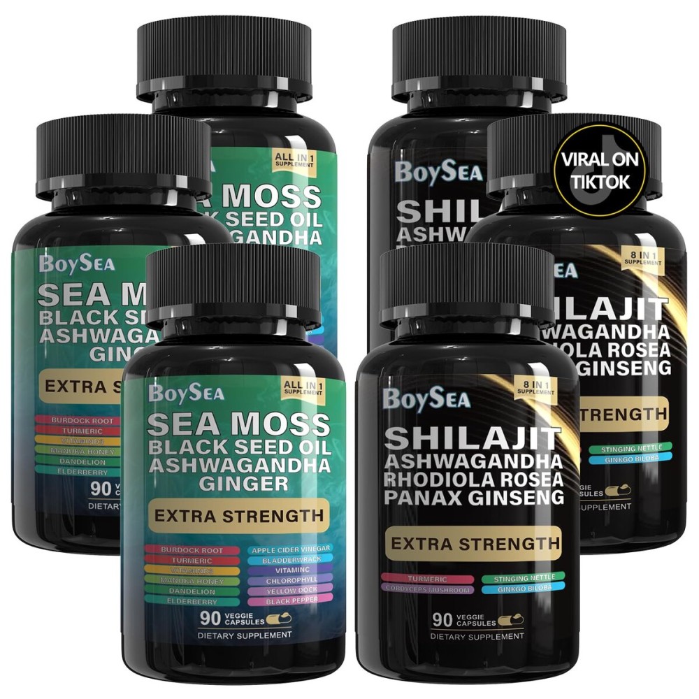 Boysea.Shilajit and Sea Moss Bundle- 90 Count - Sea Moss, Black Seed Oil, Ashwagandha, Ginger & Shilajit, Rhodiola Rosea, All in 1 Supplements (3 Pc)