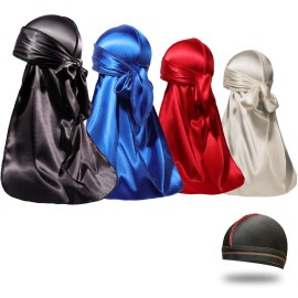 4PCS Silky Durags for Men Women 360 Waves with 1 Wave Cap, Silky Satin Durag Extra Long Tails