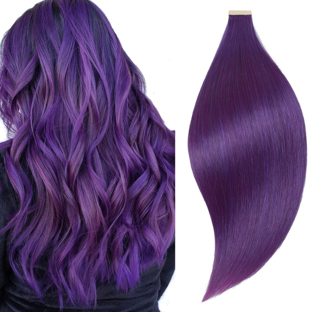YDDM Tape in Human Hair Extensions, 20 Inch 10pcs Purple Straight 100% Remy Human Hair Seamless Tape in Hair Extensions(Purple, 20 Inch)