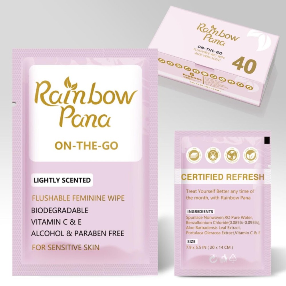 RainbowPana Feminine Wipes, 40 Count ON-THE-GO Individually Wrapped | Flushable Wipes, Travel Wipes for Women, Pre/Post-Intimacy Cleansing | Aloe, Portulaca, Vitamin E | pH Balanced, Biodegradable