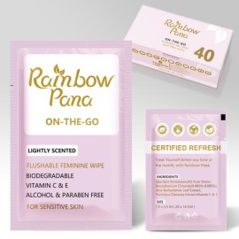 RainbowPana Feminine Wipes, 40 Count ON-THE-GO Individually Wrapped | Flushable Wipes, Travel Wipes for Women, Pre/Post-Intimacy Cleansing | Aloe, Portulaca, Vitamin E | pH Balanced, Biodegradable