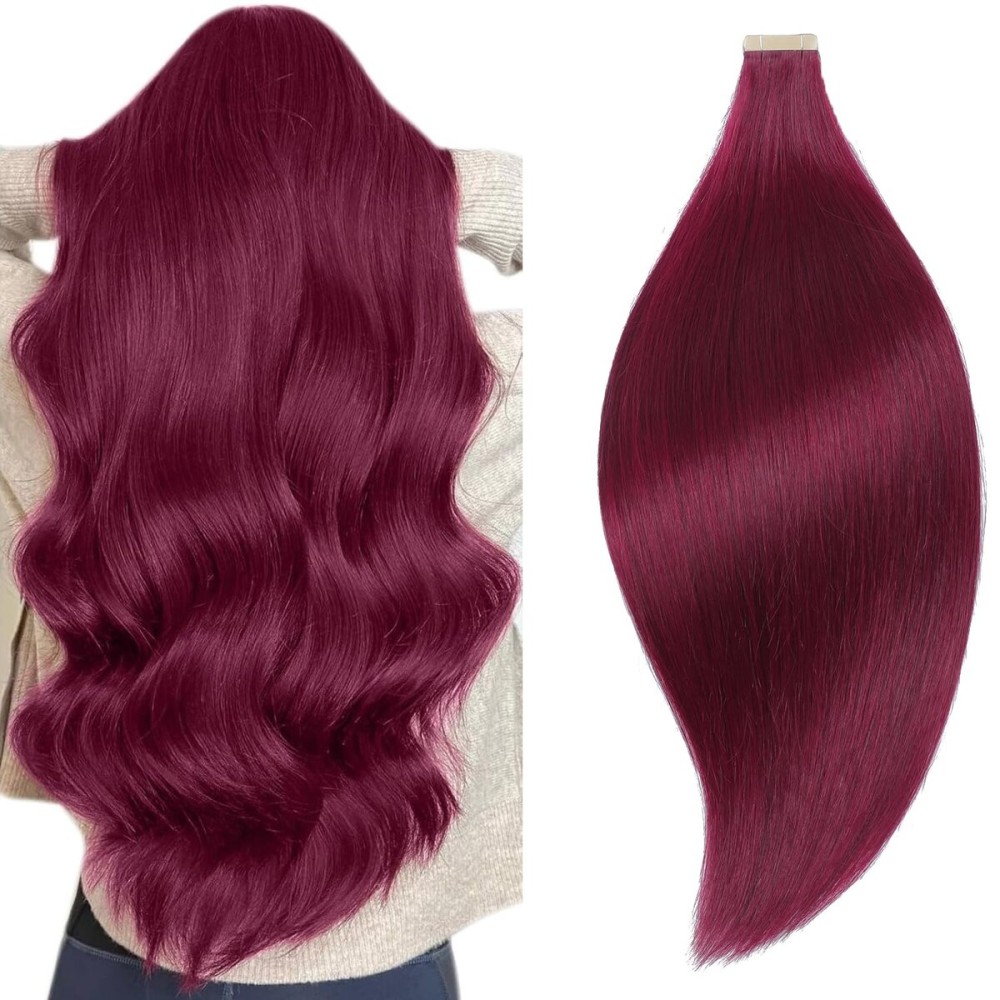 YDDM Human Hair Extensions Tape in, 20 Inch 10pcs Burgundy 100% Remy Human Hair Seamless Invisible Tape in Hair Extensions(99J-A, 20 Inch)