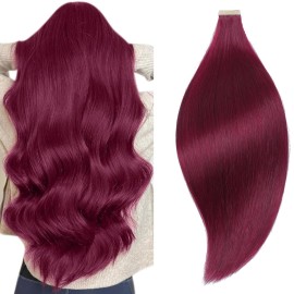 YDDM Human Hair Extensions Tape in, 20 Inch 10pcs Burgundy 100% Remy Human Hair Seamless Invisible Tape in Hair Extensions(99J-A, 20 Inch)