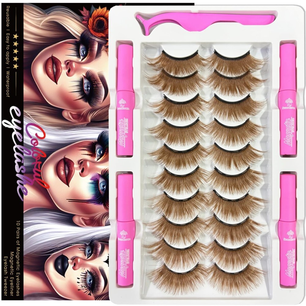 Magnetic Eyelashes Colored Eyelashes for Halloween Party Cosplay Makeup Kit,10 Pairs Color Magnetic Cat Eye Lashes with Eyeliner, Full Volume Brown Look 18-23MM Fake Eyelash Cruelty-Free & Vegan