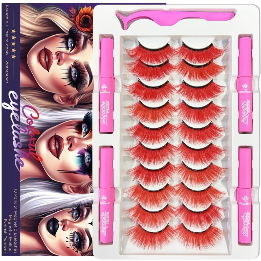 Color Magnetic Eyelashes Colored Eyelashes for Halloween Party Cosplay Makeup Kit,10 Pairs Magnetic Cat Eye Lashes with Eyeliner, Full Volume Red Look 18-23MM Fake Eyelash Cruelty-Free