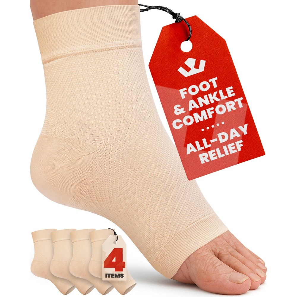 KEMFORD Ankle Compression Sleeve - 2-Pairs, Plantar Fasciitis Braces - Open Toe Compression Socks for Swelling, Sprain, Neuropathy, Foot Arch Support for Men and Women - 20-30mmhg, M, Beige