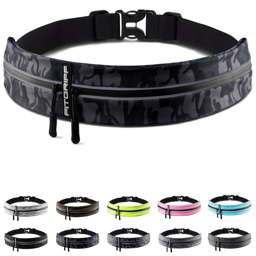 Fitgriff Running Belt for Men & Women - Secure Jogging Pouch for Phone, Keys & Essentials - For All Cell Phones (Camo-Black, 33.5 - 47.5 Waist Size)