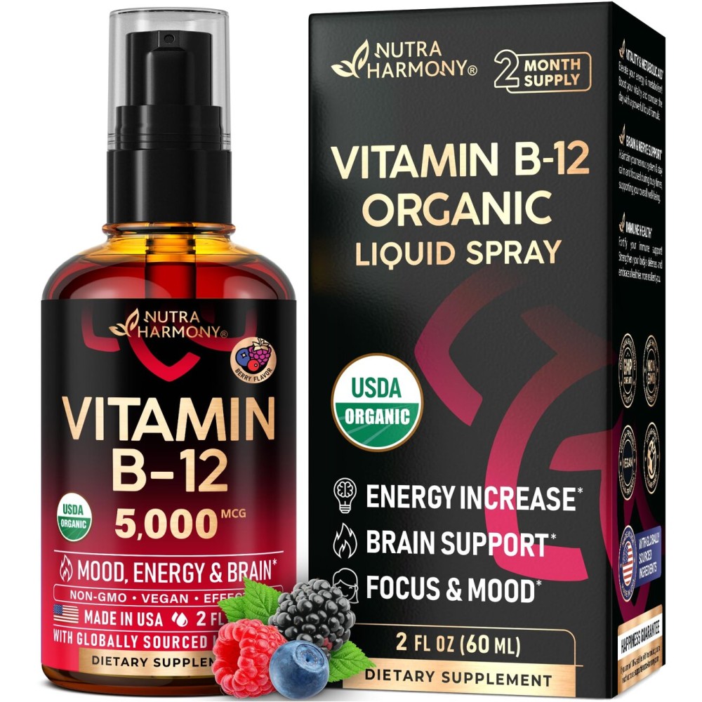 USDA Organic Vitamin B12 Sublingual Spray - 5000 mcg Liquid Vegan Methylcobalamin for Women & Men - Energy Boost, Focus & Mood, Brain Health Support - Maximize Absorption - 2 Month Supply, 2 fl oz