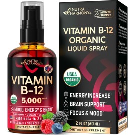 USDA Organic Vitamin B12 Sublingual Spray - 5000 mcg Liquid Vegan Methylcobalamin for Women & Men - Energy Boost, Focus & Mood, Brain Health Support - Maximize Absorption - 2 Month Supply, 2 fl oz