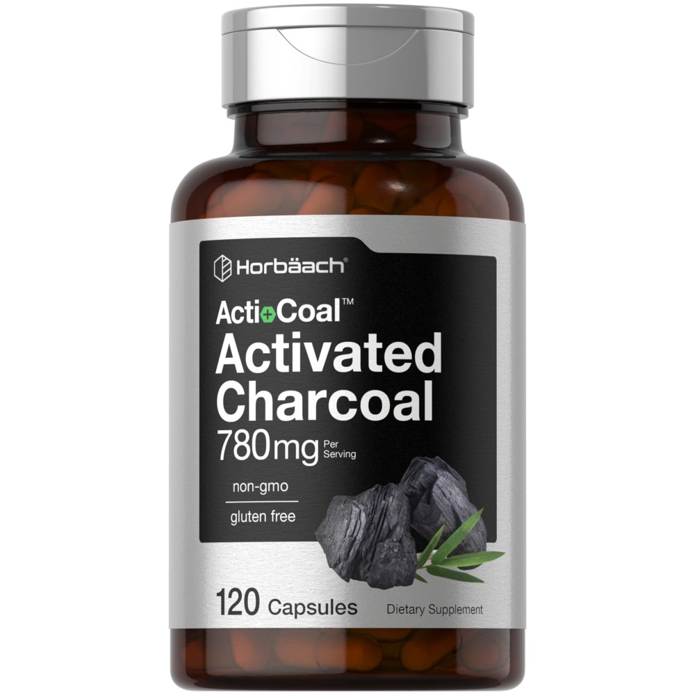 Horbach Charcoal Pills 780mg | 120 Capsules | Activated Charcoal from Coconut Shells | Non-GMO and Gluten Free | Acti-Coal