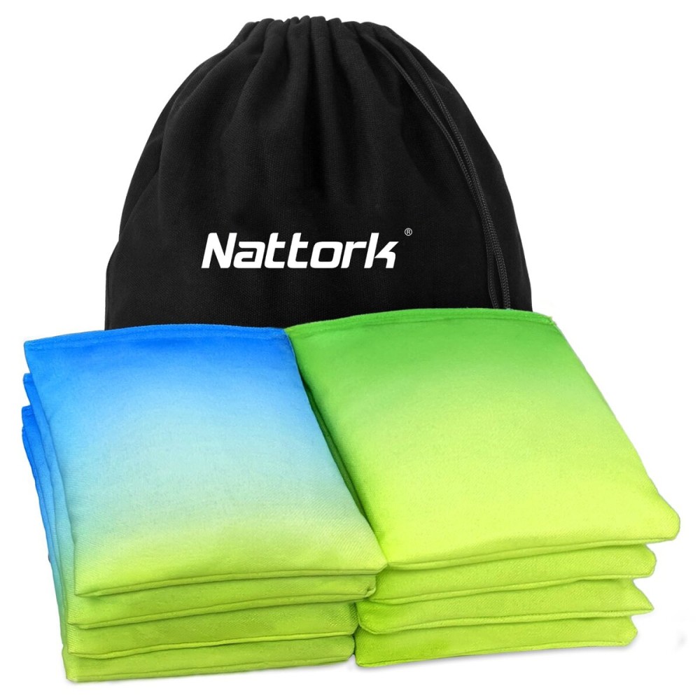 Nattork Cornhole Bags Set of 8 - Premium Corn Hole Bean Bags for Tossing - All Weather Resistant 8 Duck Cloth Double Stiched Corn Hole Bags and Tote Bags - Regulation Size (Light Green & Light Blue)