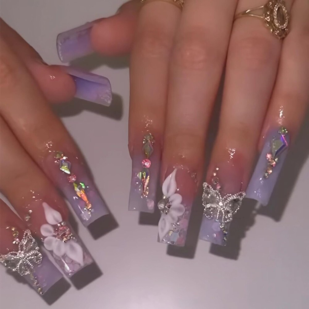 BABALAL Purple Press On Nails - Long Square Butterfly Design Glue On Nails 3D Flower Charm Acrylic 24Pcs Bling Squoval Luxury Full Cover False Nails