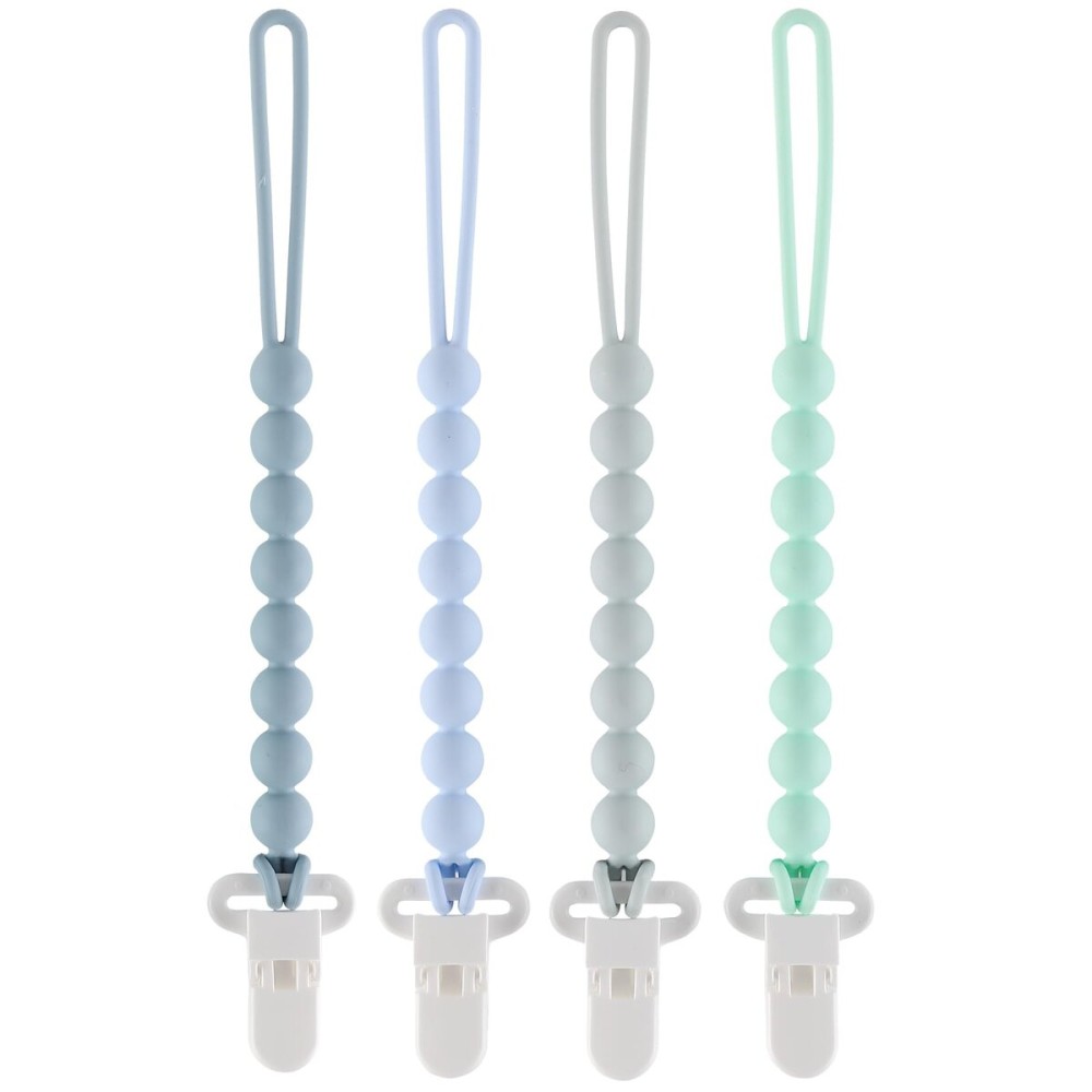 4-Pack Silicone Pacifier Clips with One-Piece Beads for Baby Boys and Girls - Flexible and Rust-Free Holders for Teething Relief and Baby Essentials, Safe for Newborns (Blue)