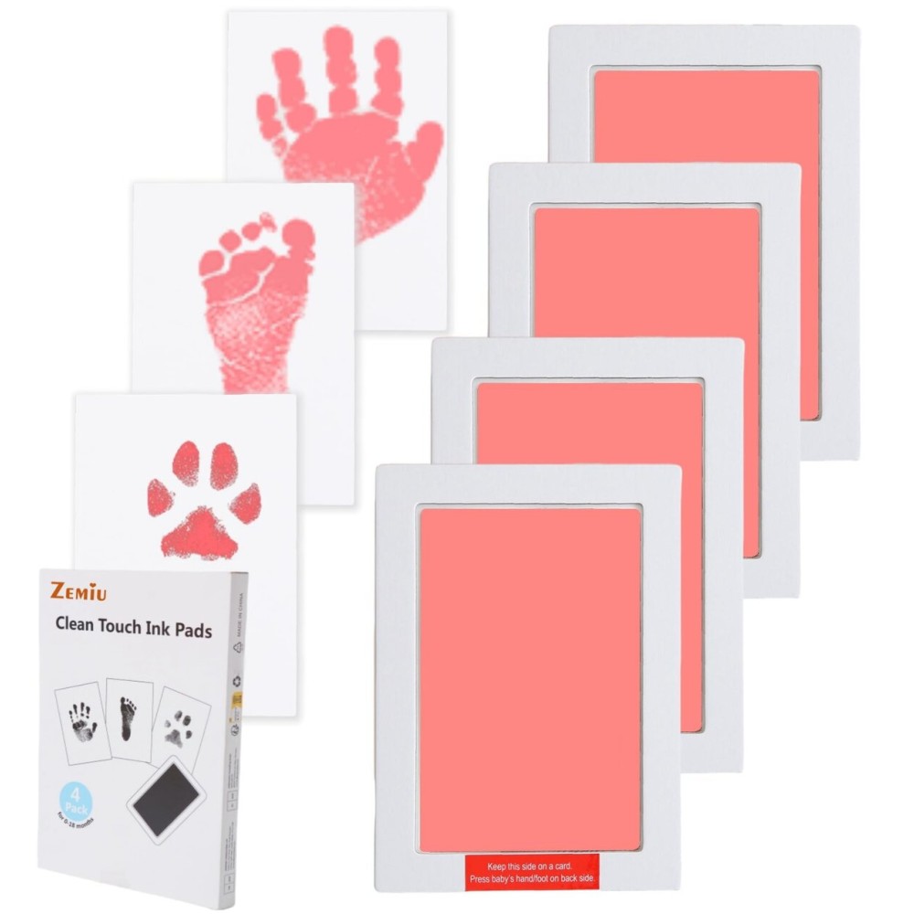 Zemiu Baby Handprint and Footprint Large Size Kit,4 Baby Handprint Ink Pads with Clean-Touch & 12 Imprint Cards,Inkless Print Kit Safe Non-Toxic for Baby Feet and Hands, Family Keepsake, Pet Paw-Pink