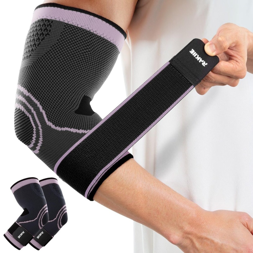Rakiie Elbow Compression Sleeve 2 Pack, Elbow Brace for Tendonitis and Tennis Elbow, Pain Relief Brace for Men & Women,Sleeve Reduce Joint Pain for Tennis, Golfer, Workouts, Pink (L)