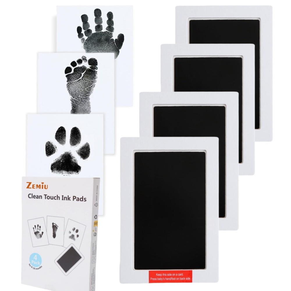 Zemiu Baby Handprint and Footprint Large Size Kit,4 Baby Handprint Ink Pads with Clean-Touch & 12 Imprint Cards,Inkless Print Kit Safe Non-Toxic for Baby Feet and Hands, Family Keepsake, Pet Paw-Black