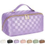 ALEXTINA Travel Makeup Bag, Vegan Leather Large Capacity Cosmetic Bags for Women,Waterproof Portable Pouch Open Flat Toiletry Bag Makeup Bag Organizer with Fixed Divider, Purple