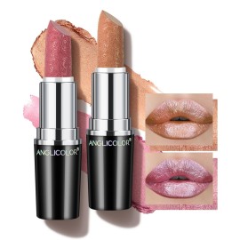 Anglicolor 2pcs Metallic Glitter Nude and Pink Lipstick High Impact Lipcolor,Moisturizing Creamy Formula,Lipstick For Women,Smooth and Non-Sticky,Full-Coverage Lip Color
