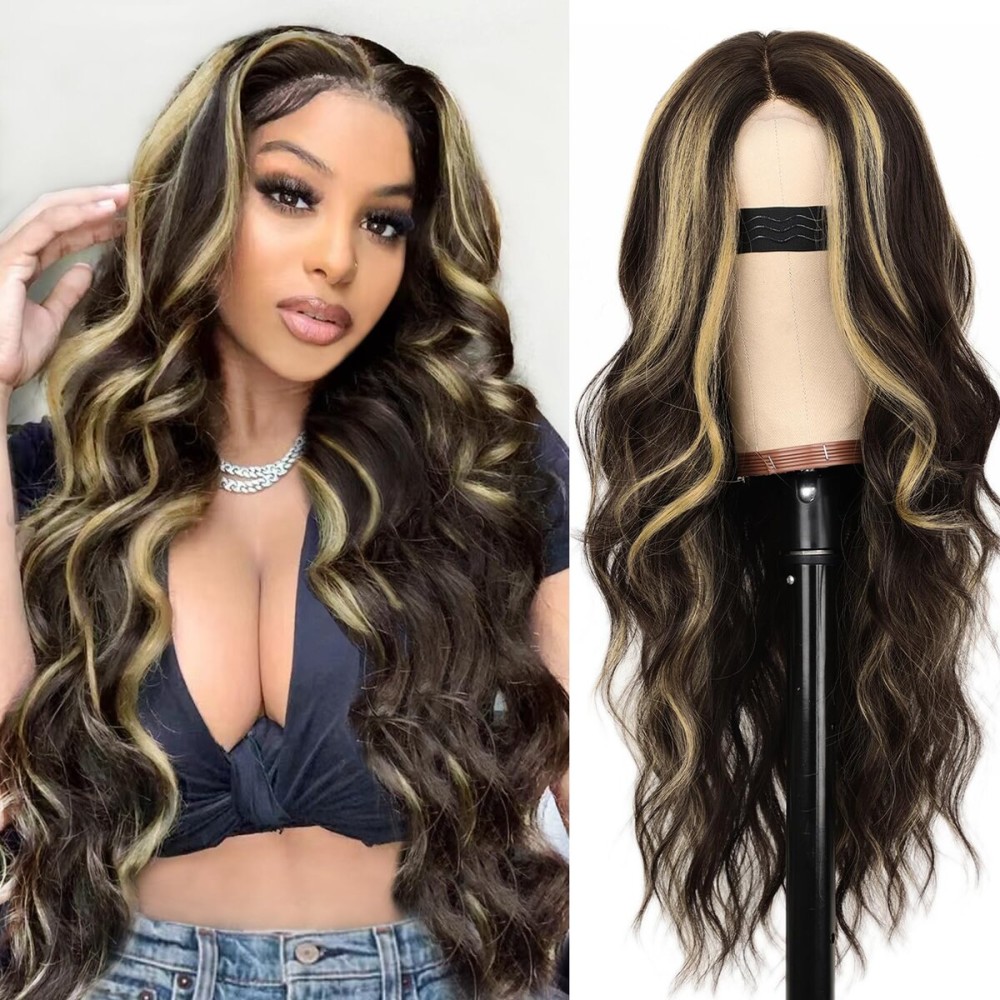 AISI HAIR Long Wavy Dark Brown with Blonde Highlight Lace Hairline Wigs for WomenMiddle Part Synthetic Heat Resistant Wig for Daily Party-26 Inch