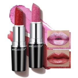 Anglicolor 2pcs Red and Pink Glitter Lipstick,High Impact Lipcolor,Lightweight Hydrating Formula Smooth and Non-Sticky,Metallic Lipstick For Women,Full-Coverage Lip Color