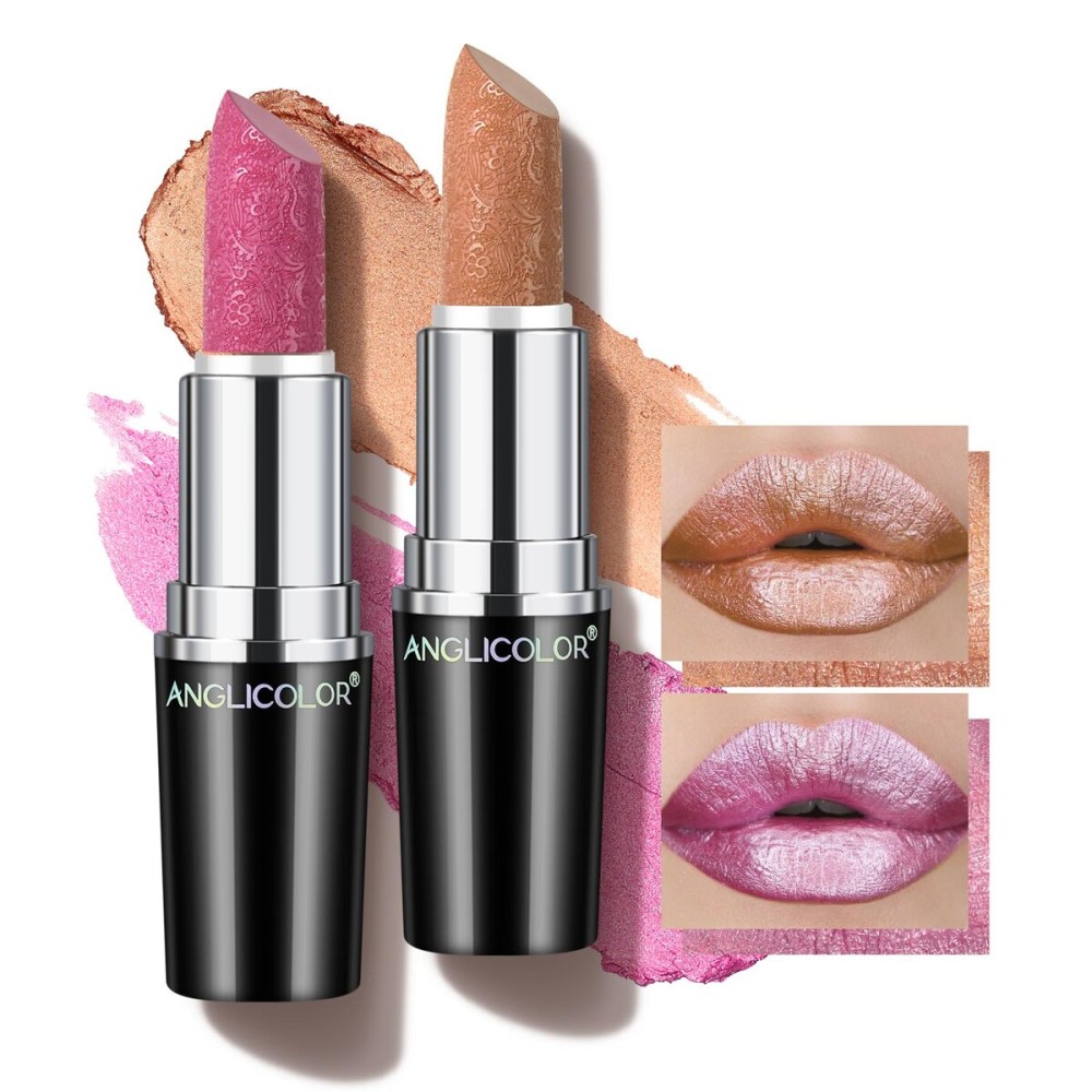 Anglicolor 2pcs Metallic Glitter Gold and Pink Lipstick High Impact Lipcolor,Moisturizing Creamy Formula,Lipstick For Women,Smooth and Non-Sticky,Full-Coverage Lip Color