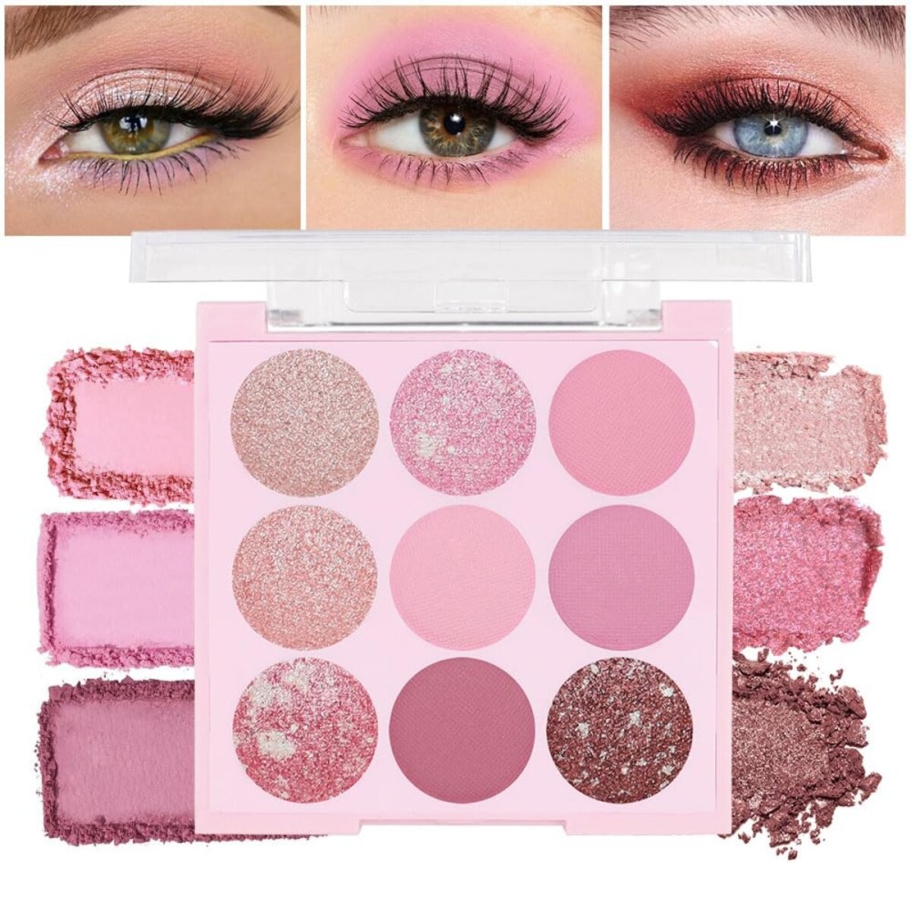 AMY\'S DIARY Pink Shimmer Eye Shadow Makeup Palette 9 Colors, Highly Pigmented Matte Glitter Shimmer Pearl Waterproof Party Sparkling Eyeshadow Palette (02)
