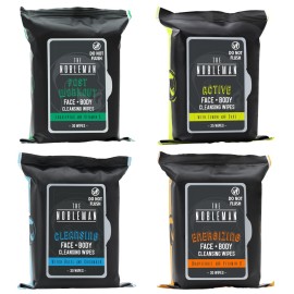 The Nobleman 4-Pack Face + Body Aloe Infused Cleansing Wipes: Post Workout with Eucalyptus Active with Lemon and Sage, Cleansing with Witch Hazel and Cucumber, Energizing with Grapefruit (120 Ct.)