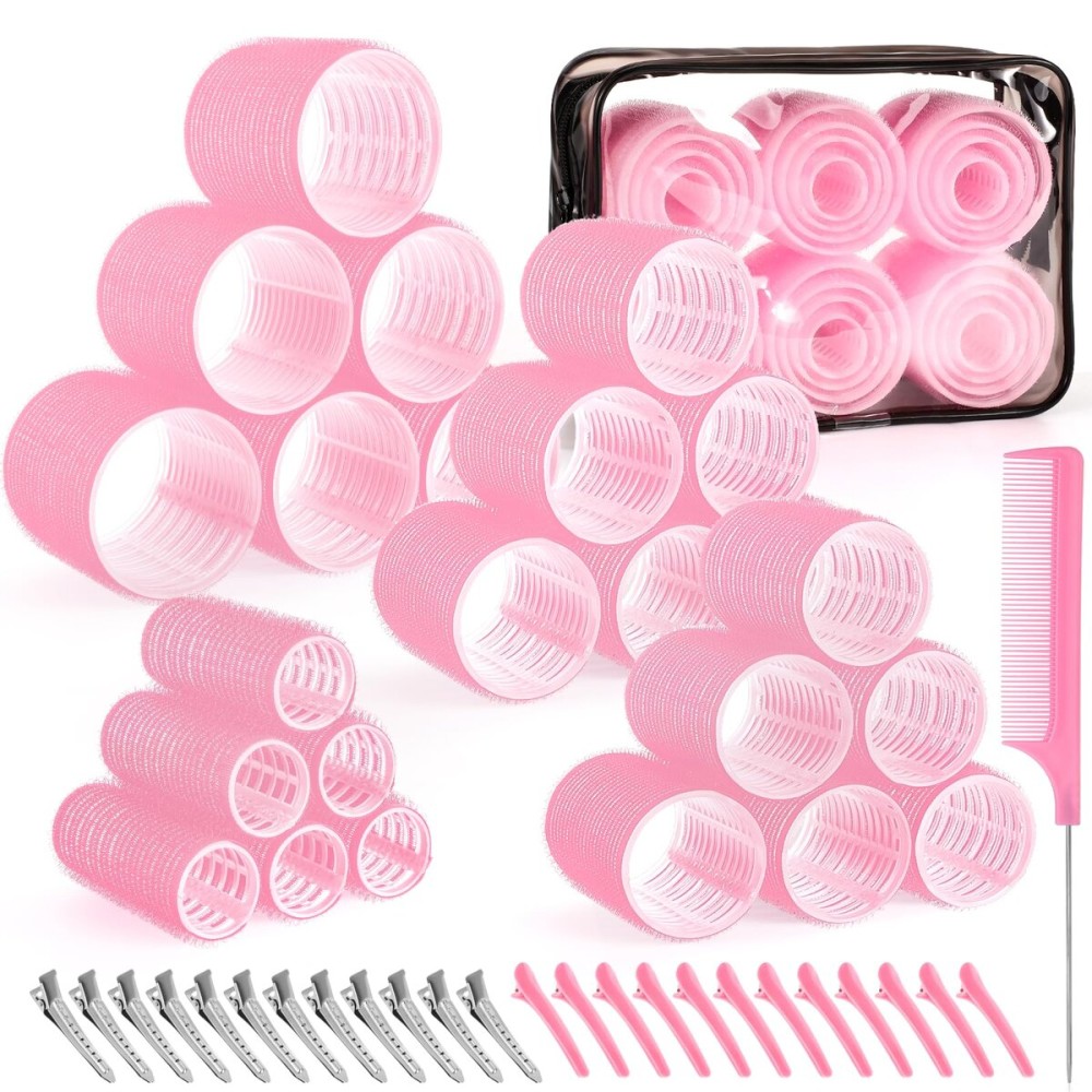 4 Sizes Self-Grip Hair Rollers Set for Long, Short Hair and Bangs - 50 Pcs with Clips (25mm, 36mm, 48mm, 60mm), Pink