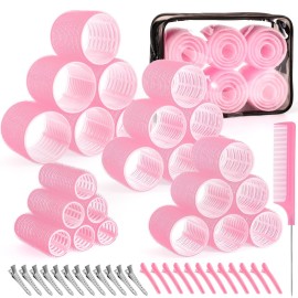 4 Sizes Self-Grip Hair Rollers Set for Long, Short Hair and Bangs - 50 Pcs with Clips (25mm, 36mm, 48mm, 60mm), Pink