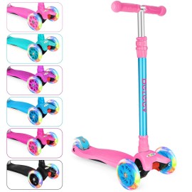 BELEEV Scooters for Kids 3 Wheel Kick Scooter for Toddlers Girls Boys, 4 Adjustable Height, Lean to Steer, Light up Wheels, Extra-Wide Deck, Easy to Assemble for Children Ages 3-12 (Blue Pink)