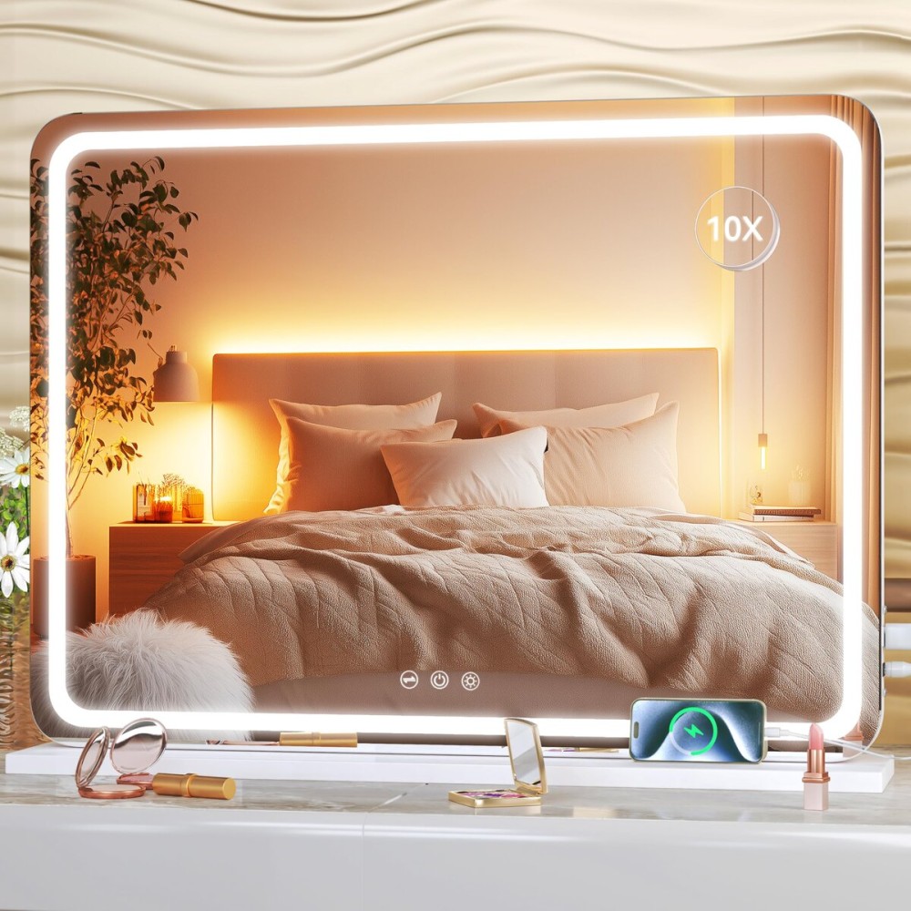 Hasipu Vanity Mirror with Lights, 22.8 x 18 LED Makeup Mirror, Lighted Makeup Mirror with Dimmable 3 Modes, Touch Screen Control Vanity Mirror Round White