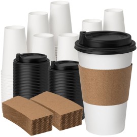 YEEHAW 16 oz 100 Pack Disposable Paper Coffee Cups with Lids & Sleeves, To Go Hot Cups for Coffee, Hot Beverage Drinking Cup, Ideal for Cafes, Bistros