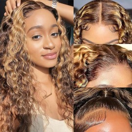 SENSAIRUITE Honey Blonde Deep Wave Lace Front Wigs Human Hair 13x4 Highlight Ombre Curly Lace Front Wig Human Hair 180% Density HD Transparent Glueless Lace Frontal Wigs Pre Plucked 18 Inch