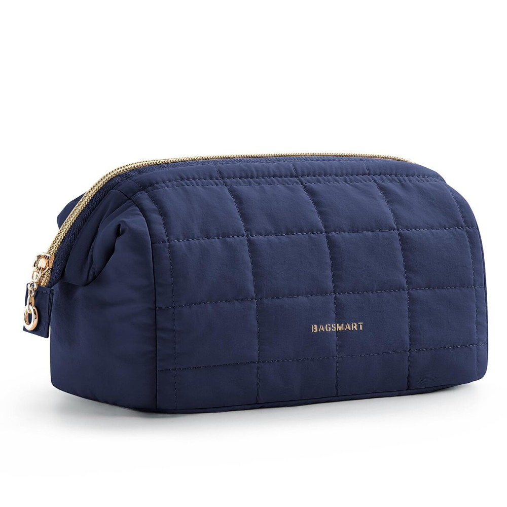 BAGSMART Makeup Bag Travel Toiletry Bag, Puffy Padded Make Up Bags for Women Makeup Organizer Case, Wide-open Pouch Purse Travel Essentials Toiletries Accessories Brushes, Navy Blue